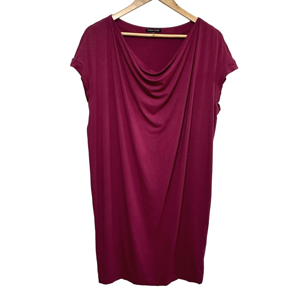 Eileen Fisher Drape Neck Shift Dress Womens Medium Burgundy Lightweight Stretch